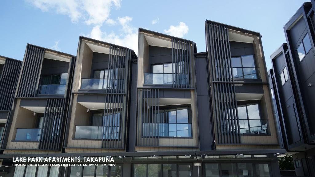 LAKE PARK APARTMENTS, TAKAPUNA CUSTOM SPIDER CLAMP LAMINATED GLASS CANOPY SYSTEM, 2022