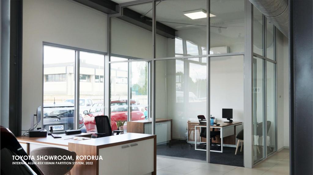 TOYOTA SHOWROOM, ROTORUA INTERNAL ALUM 45X100MM GLASS PARTITION SYSTEM, 2022